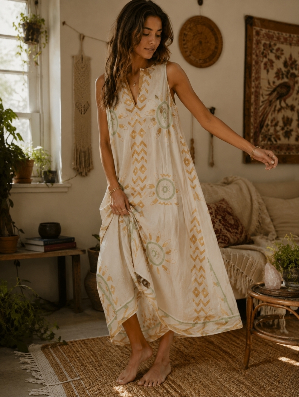 Nema Resort Wear Sleeveless Maxi Dress with Sunburst Celestial Pattern Large